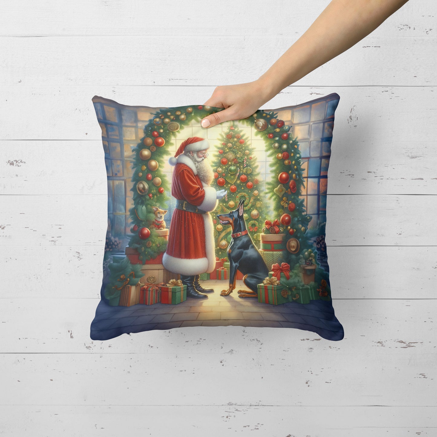 Doberman Pinscher and Santa Claus Throw Pillow