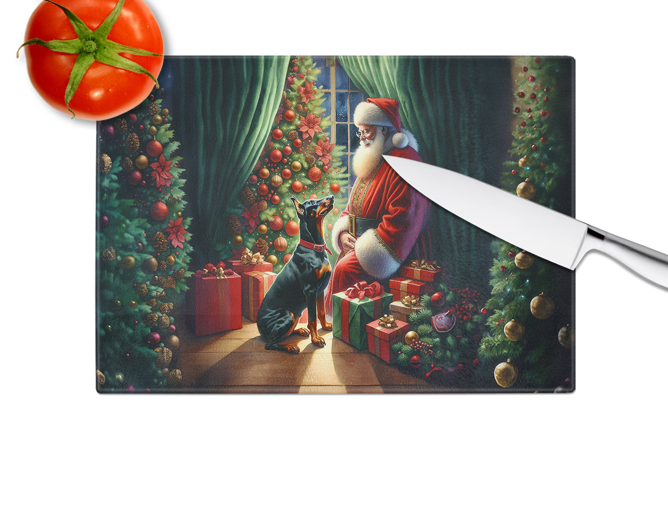 Doberman Pinscher and Santa Claus Glass Cutting Board