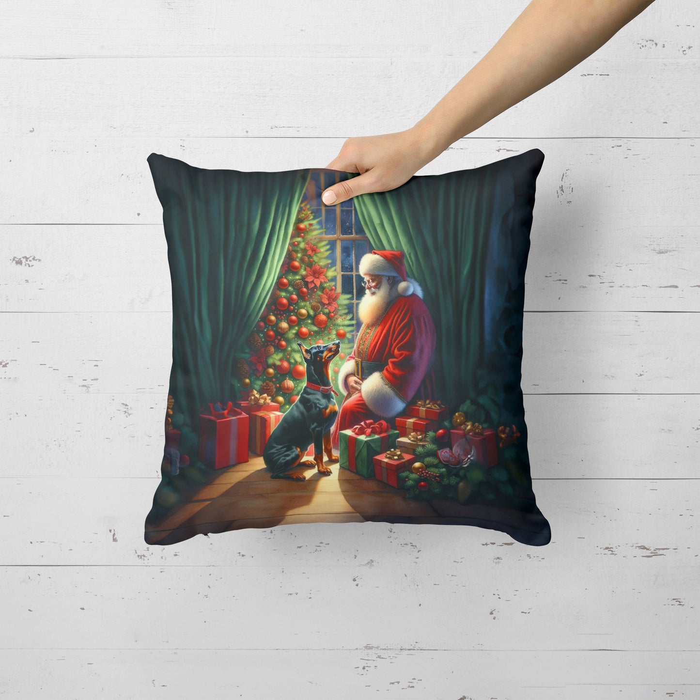 Doberman Pinscher and Santa Claus Throw Pillow