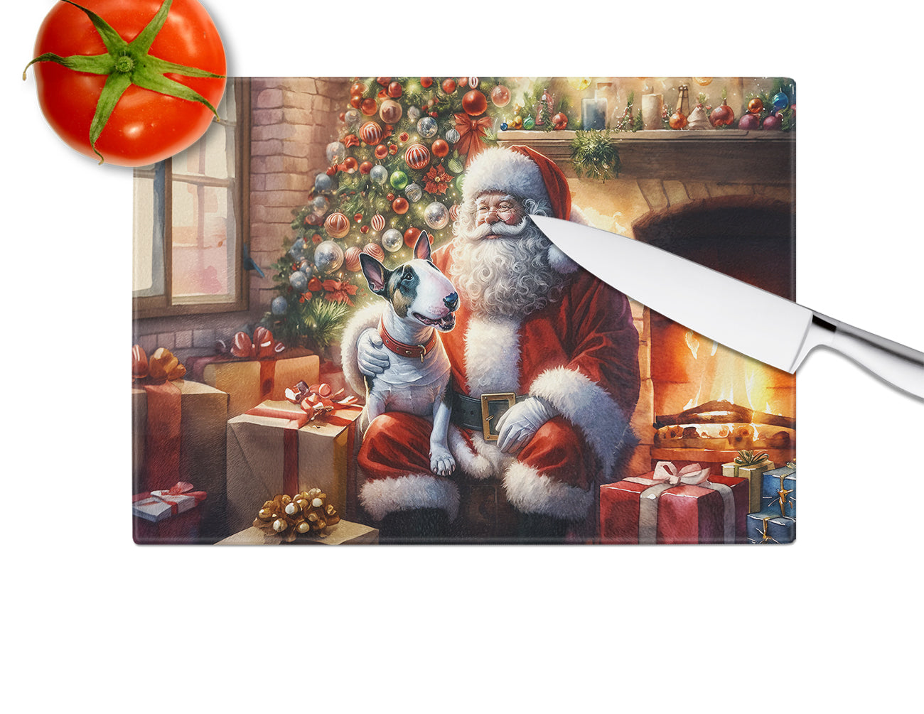 English Bull Terrier and Santa Claus Glass Cutting Board