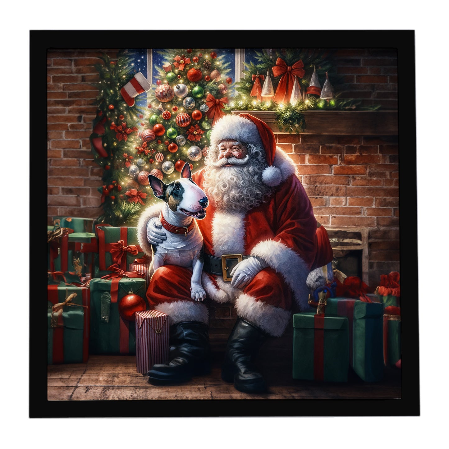 Buy this English Bull Terrier and Santa Claus Framed Metal Print