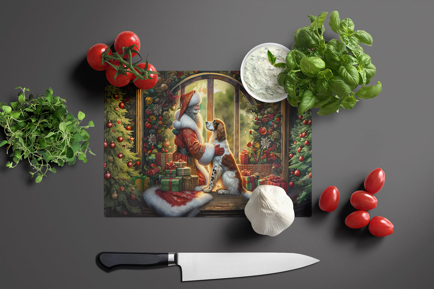 English Setter and Santa Claus Glass Cutting Board