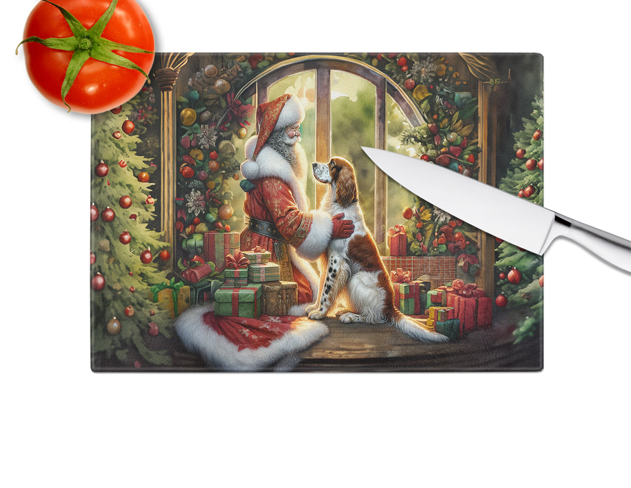 English Setter and Santa Claus Glass Cutting Board