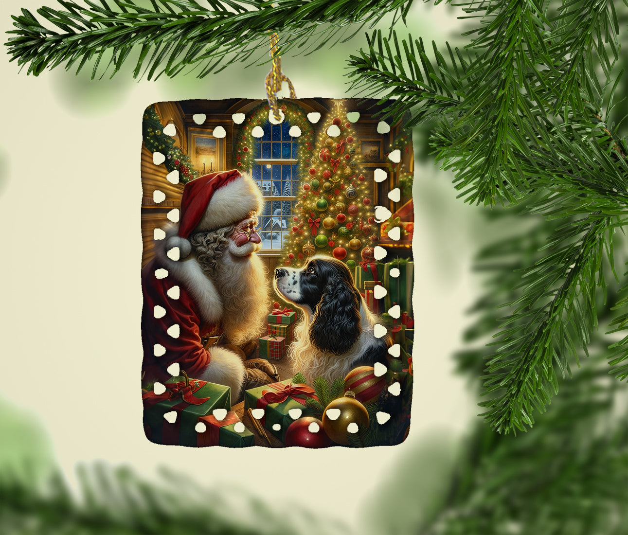 English Springer Spaniel and Santa Claus Porcelain Ornament