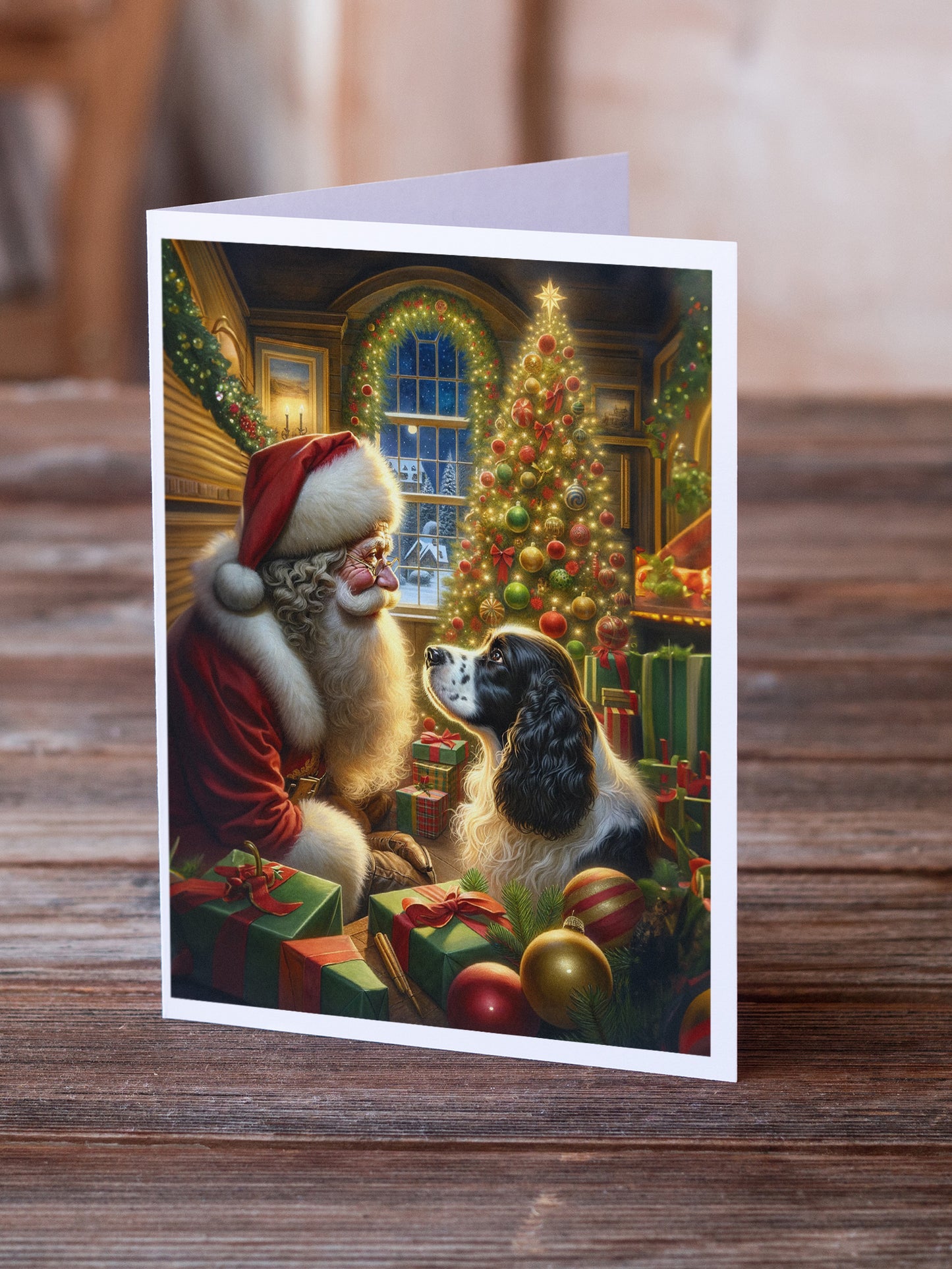 English Springer Spaniel and Santa Claus Greeting Cards Pack of 8