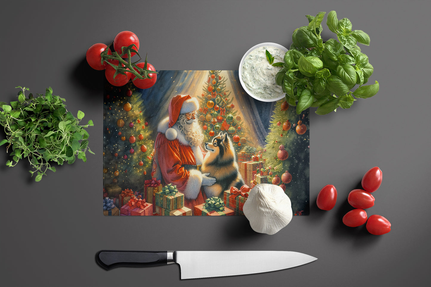 Finnish Spitz and Santa Claus Glass Cutting Board