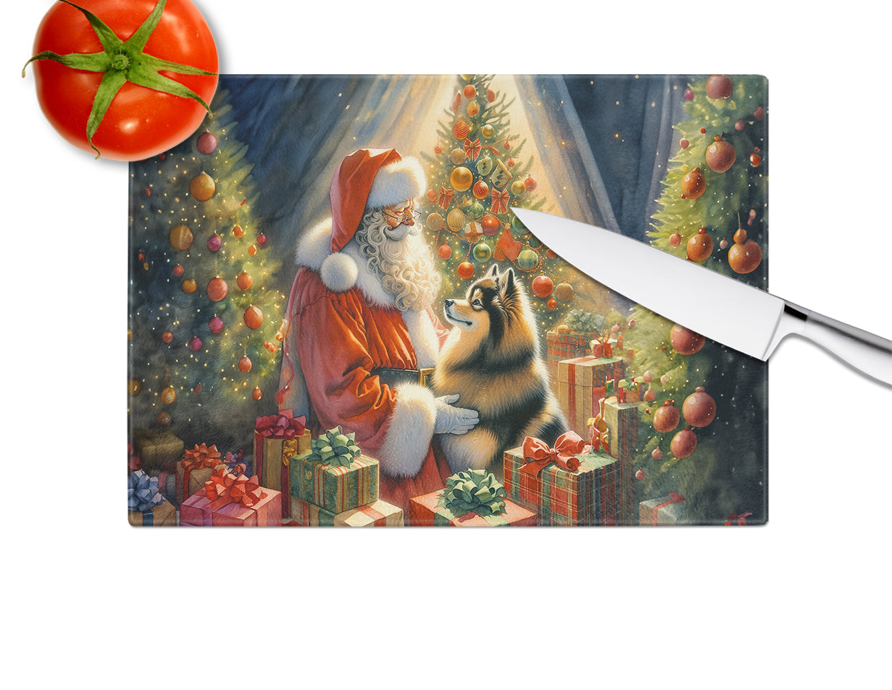 Finnish Spitz and Santa Claus Glass Cutting Board