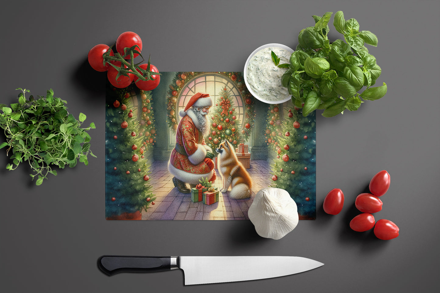 Finnish Spitz and Santa Claus Glass Cutting Board