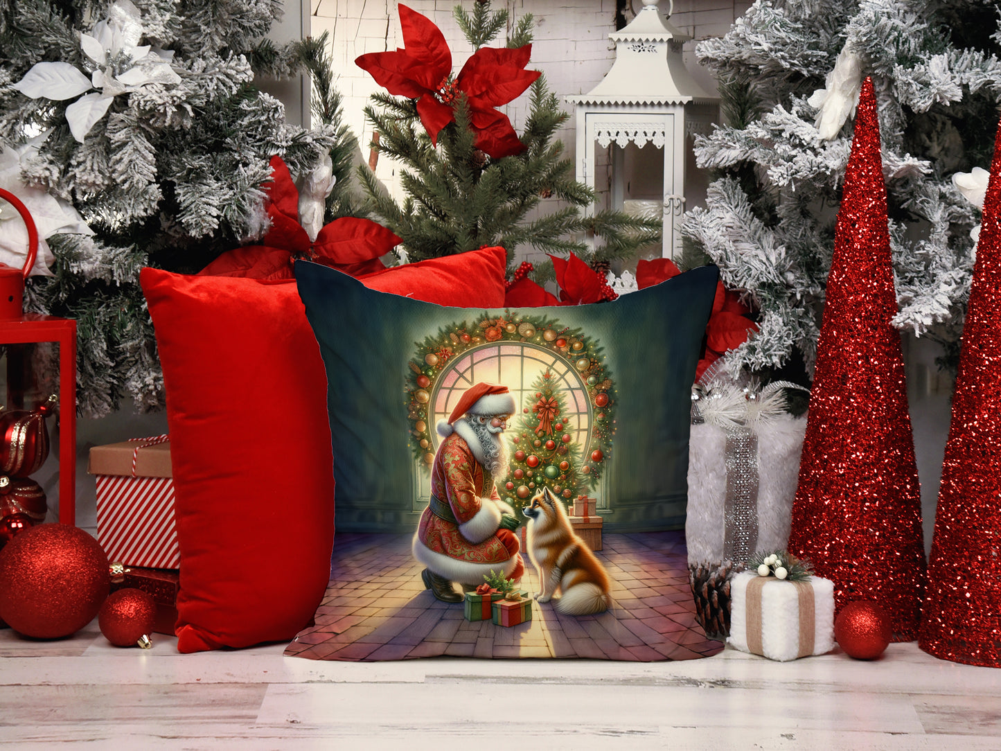 Finnish Spitz and Santa Claus Throw Pillow