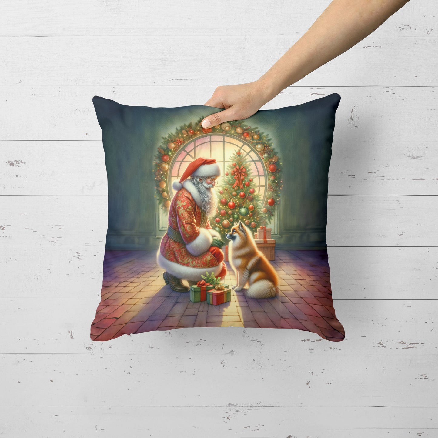 Finnish Spitz and Santa Claus Throw Pillow