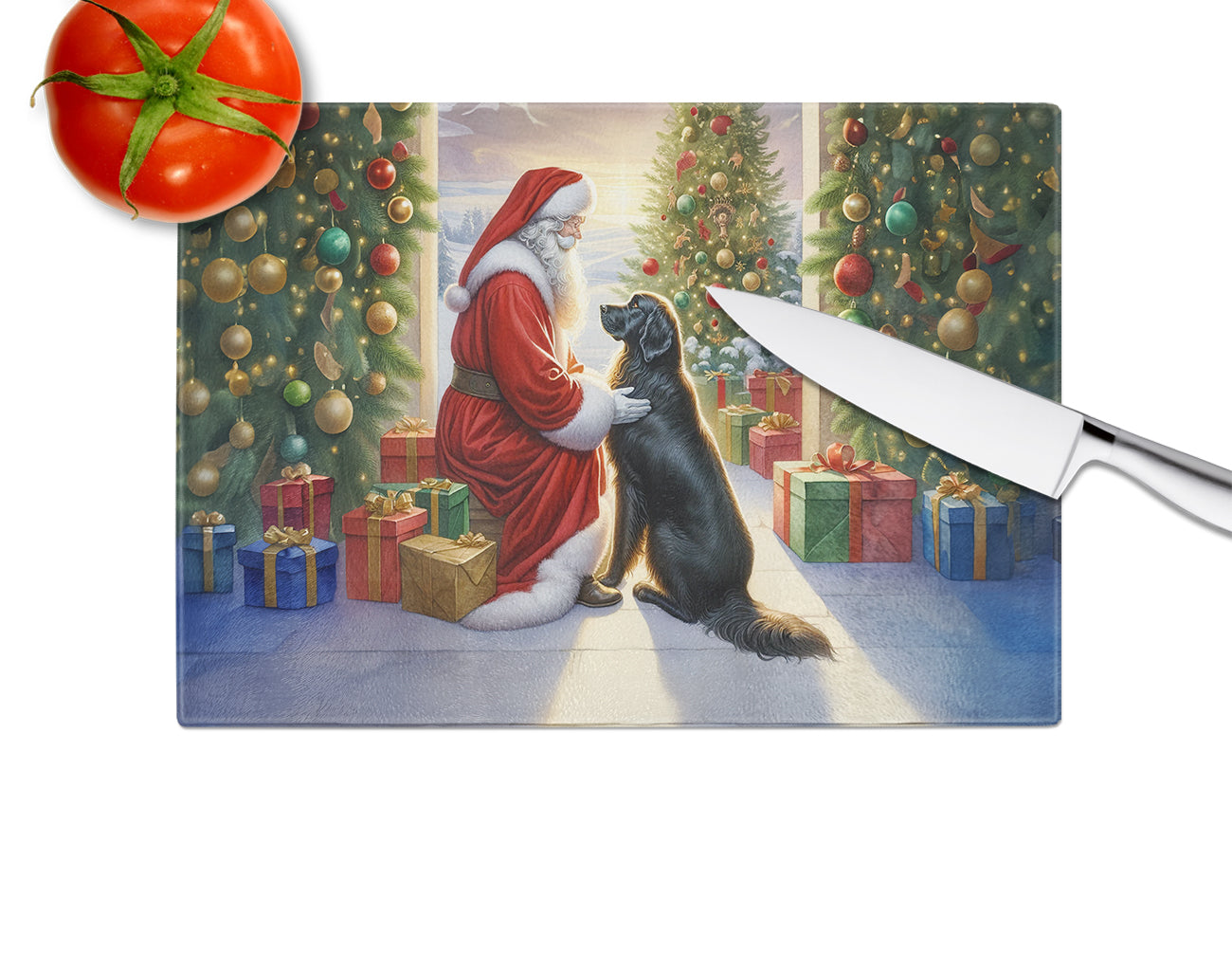 Flat-Coated Retriever and Santa Claus Glass Cutting Board