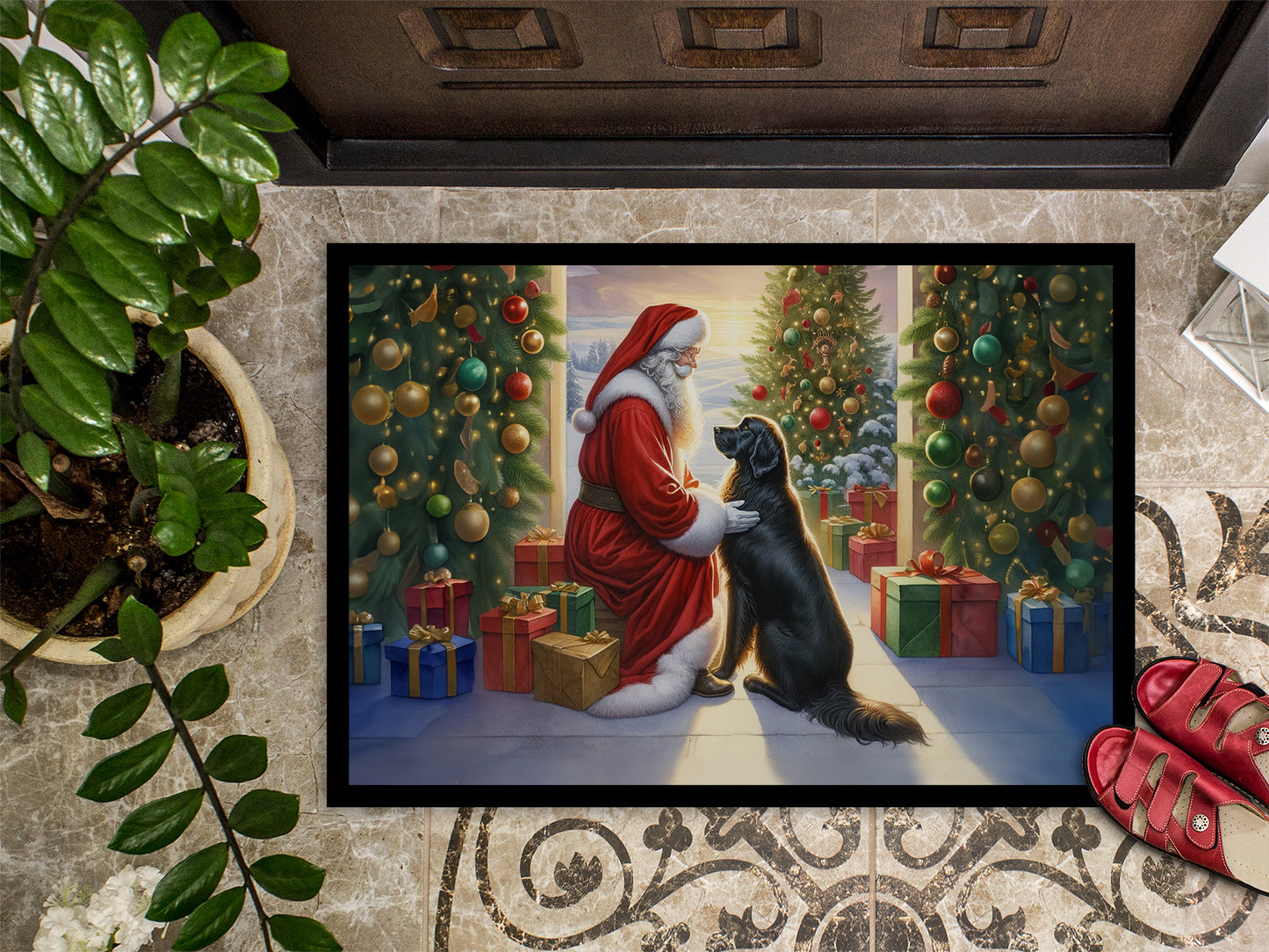 Flat-Coated Retriever and Santa Claus Doormat