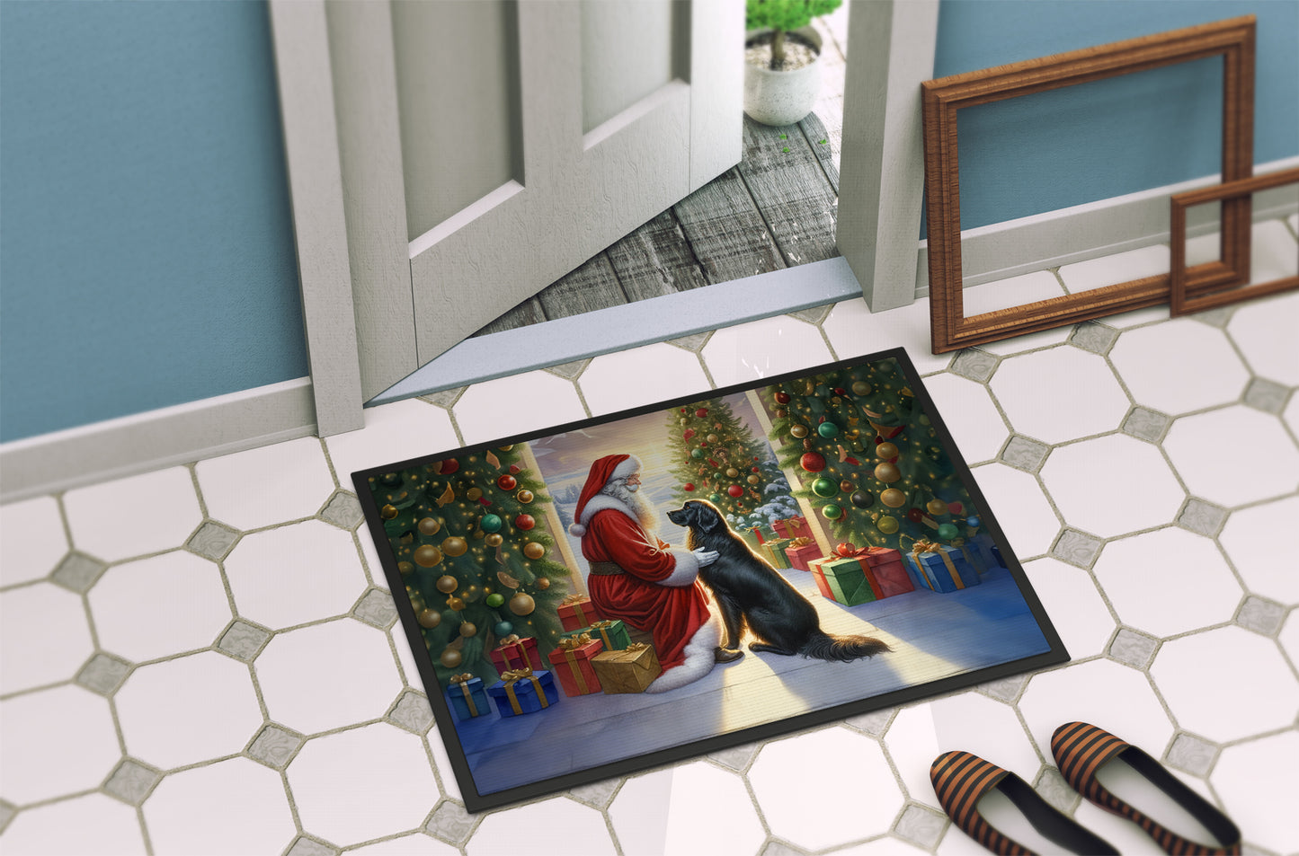 Flat-Coated Retriever and Santa Claus Doormat