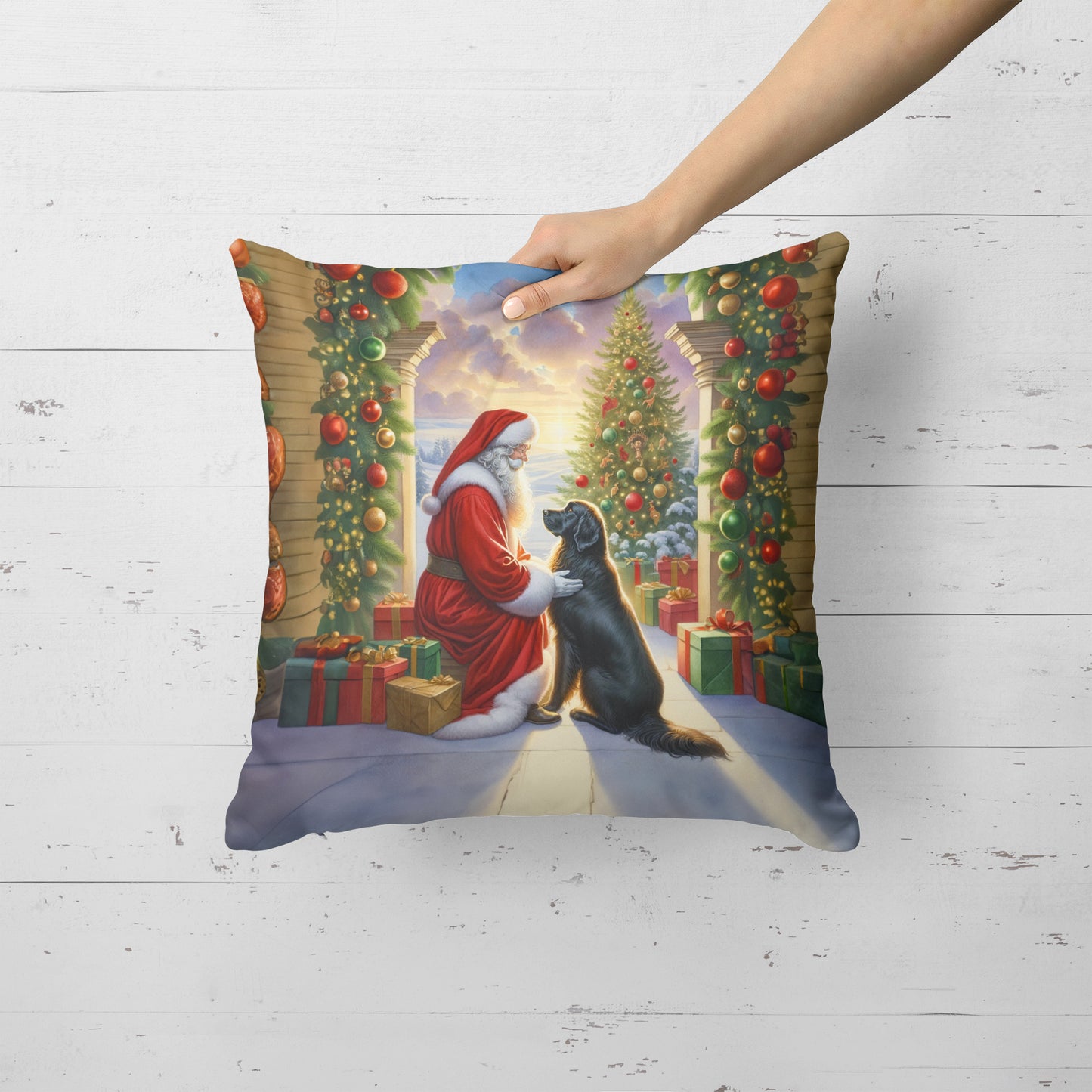 Flat-Coated Retriever and Santa Claus Throw Pillow