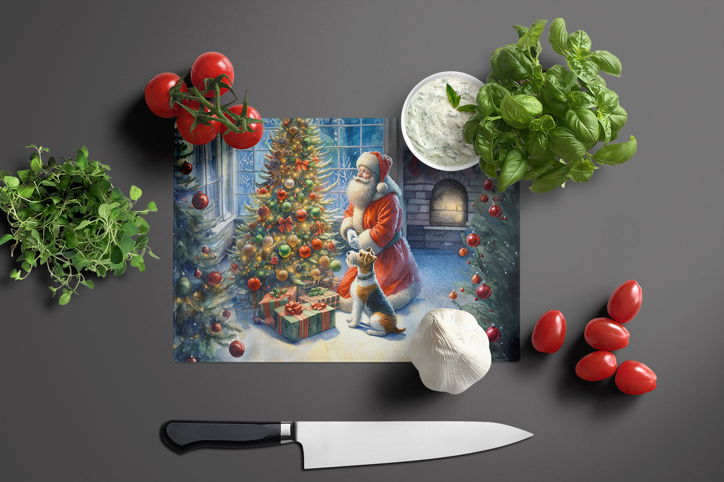 Fox Terrier and Santa Claus Glass Cutting Board