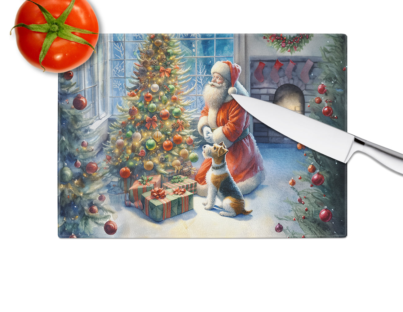 Fox Terrier and Santa Claus Glass Cutting Board