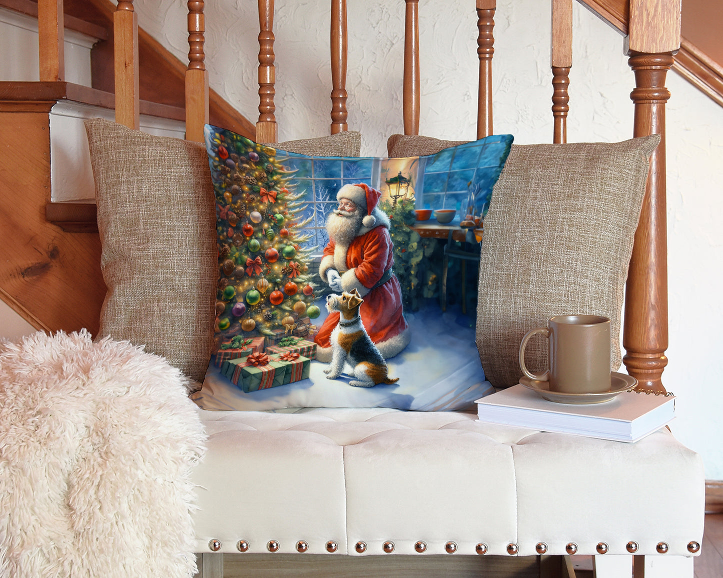 Fox Terrier and Santa Claus Throw Pillow