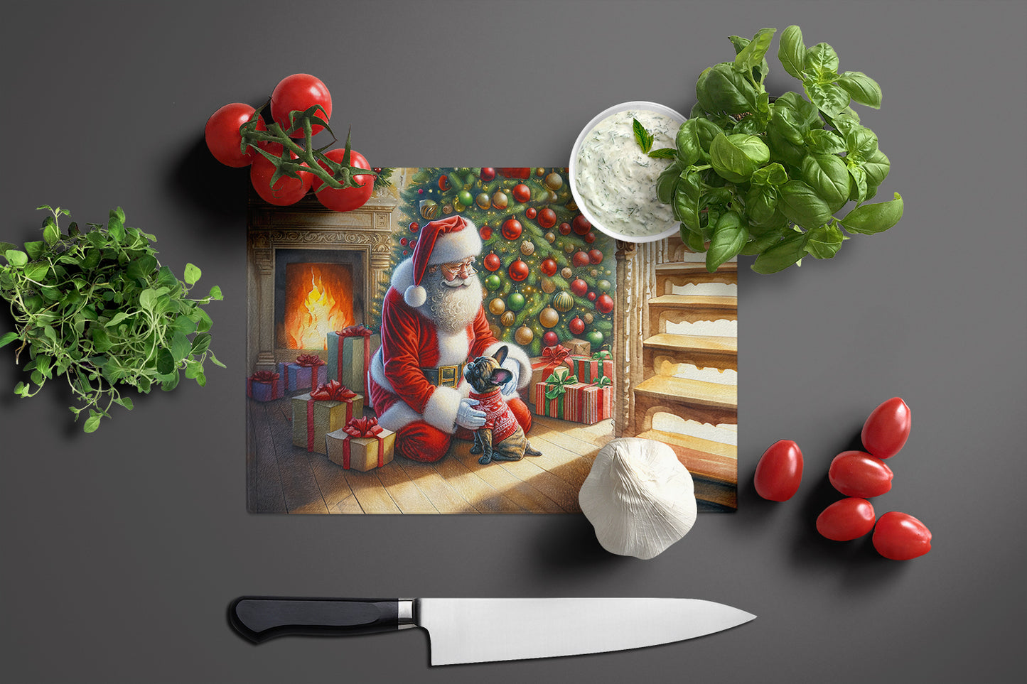 French Bulldog and Santa Claus Glass Cutting Board