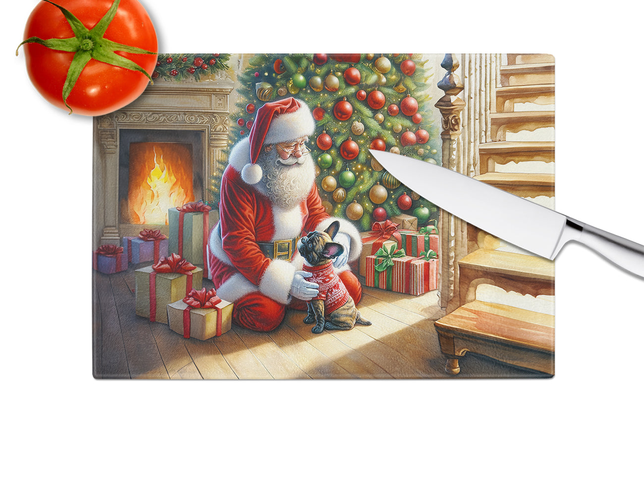 French Bulldog and Santa Claus Glass Cutting Board