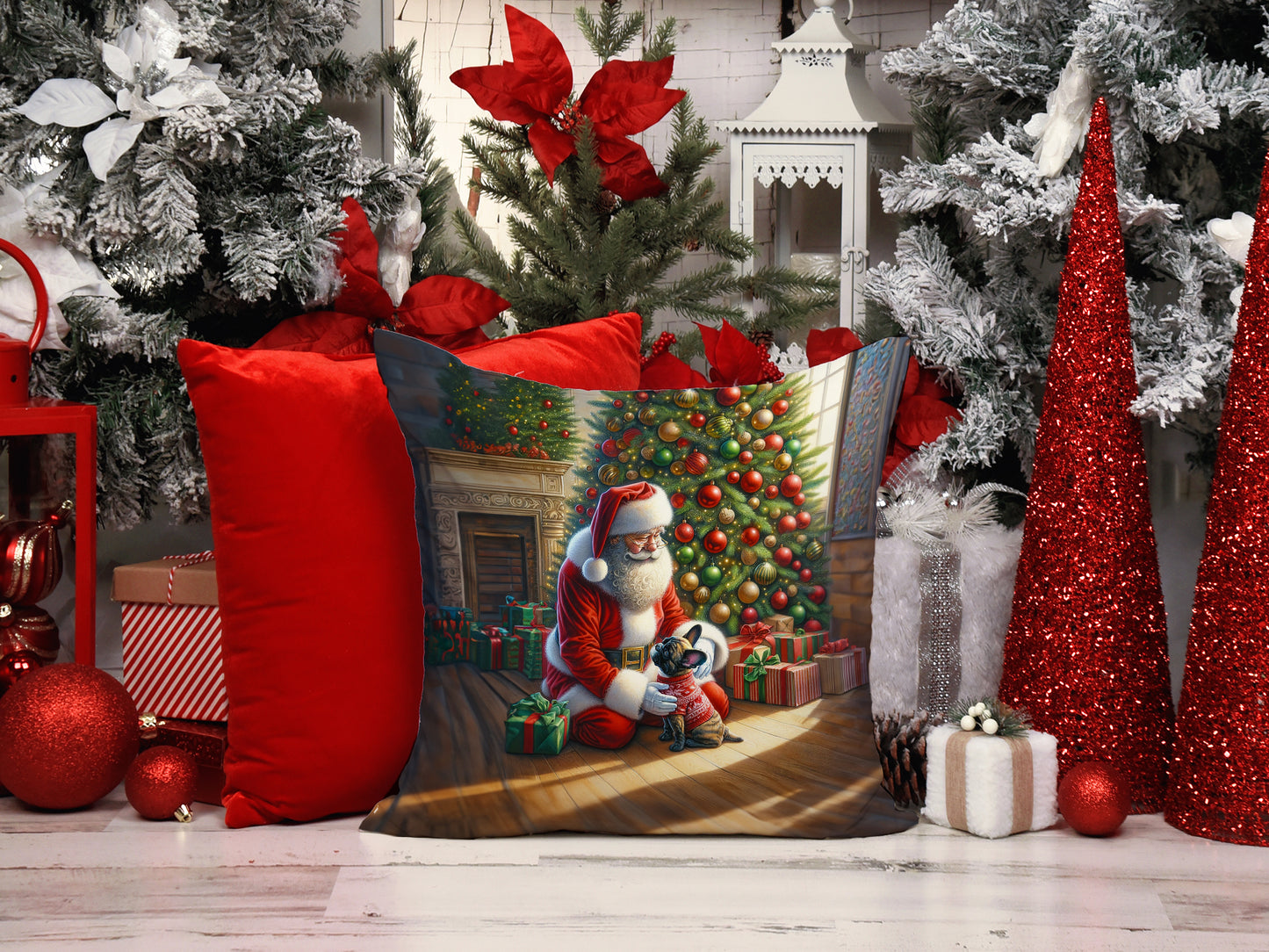 French Bulldog and Santa Claus Throw Pillow