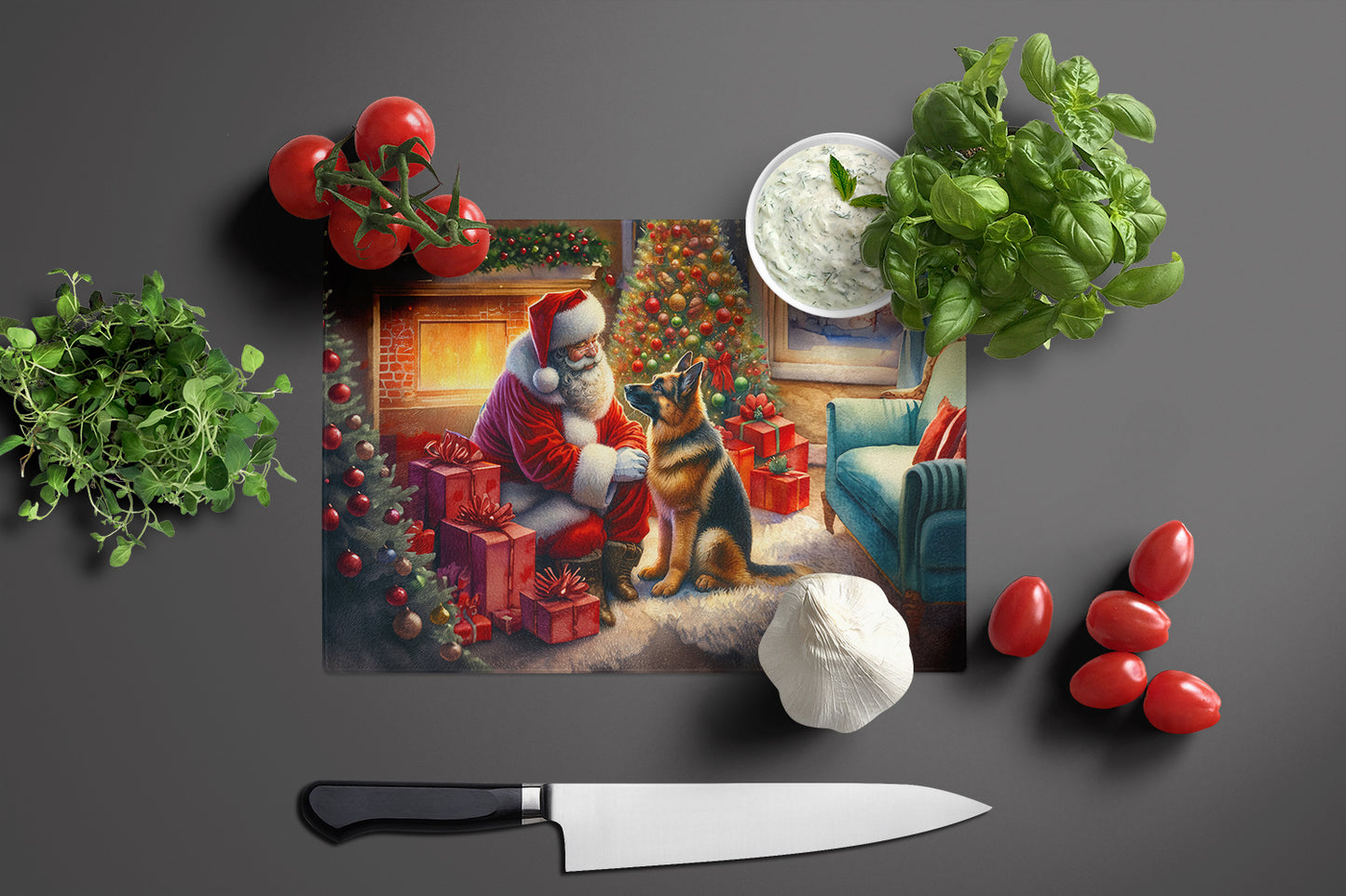 German Shepherd and Santa Claus Glass Cutting Board