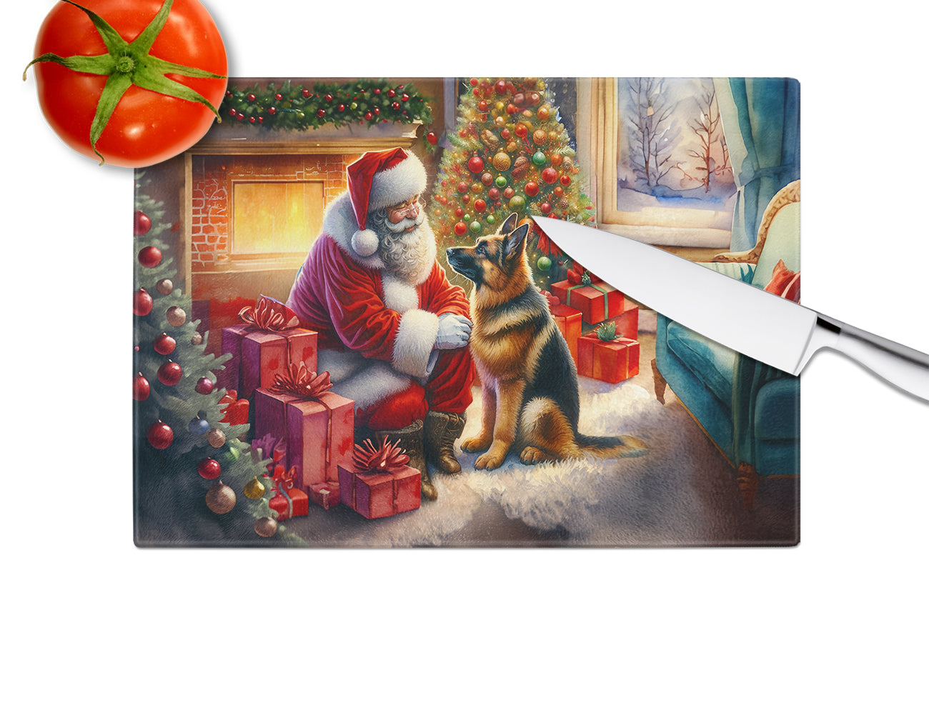 German Shepherd and Santa Claus Glass Cutting Board