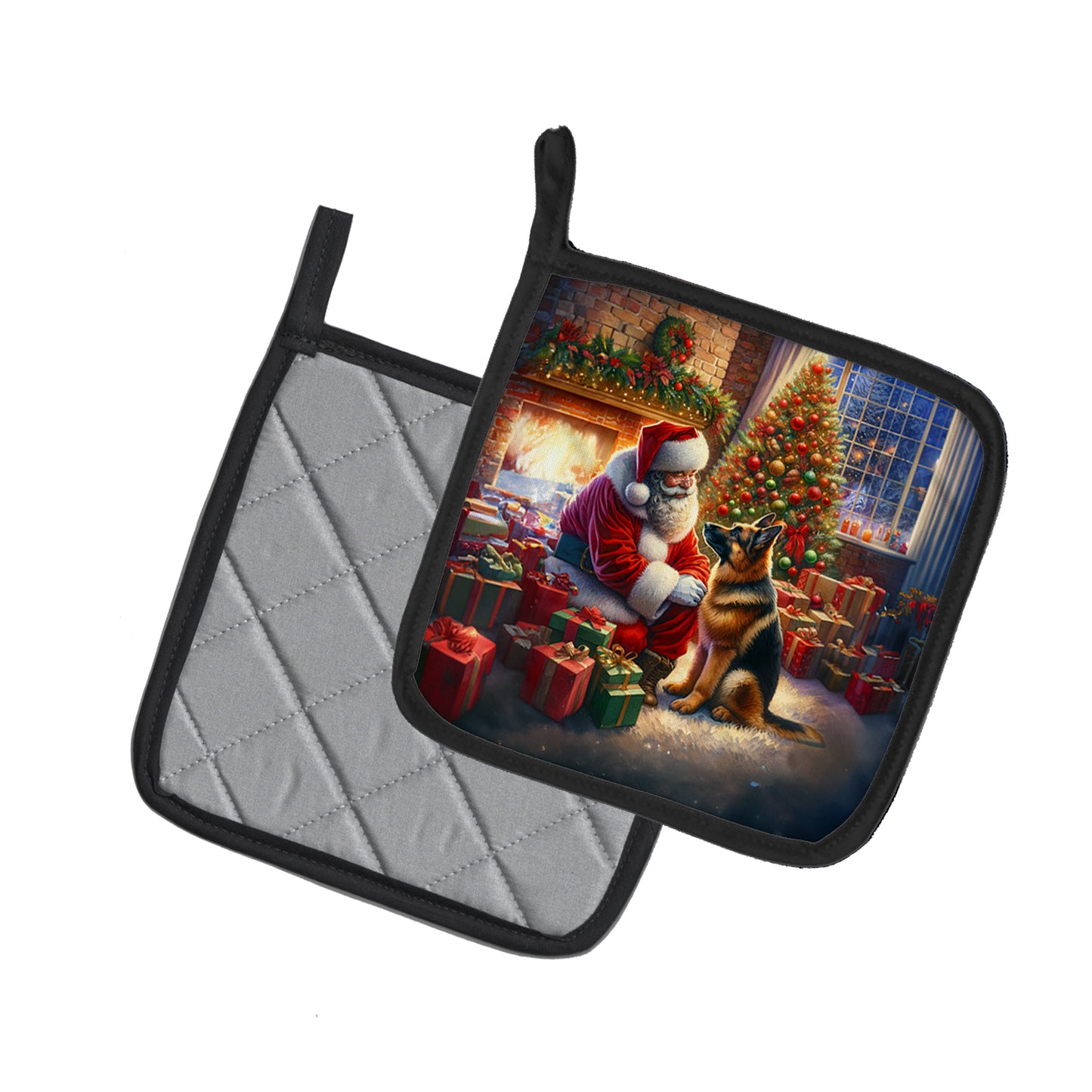 German Shepherd and Santa Claus Pair of Pot Holders
