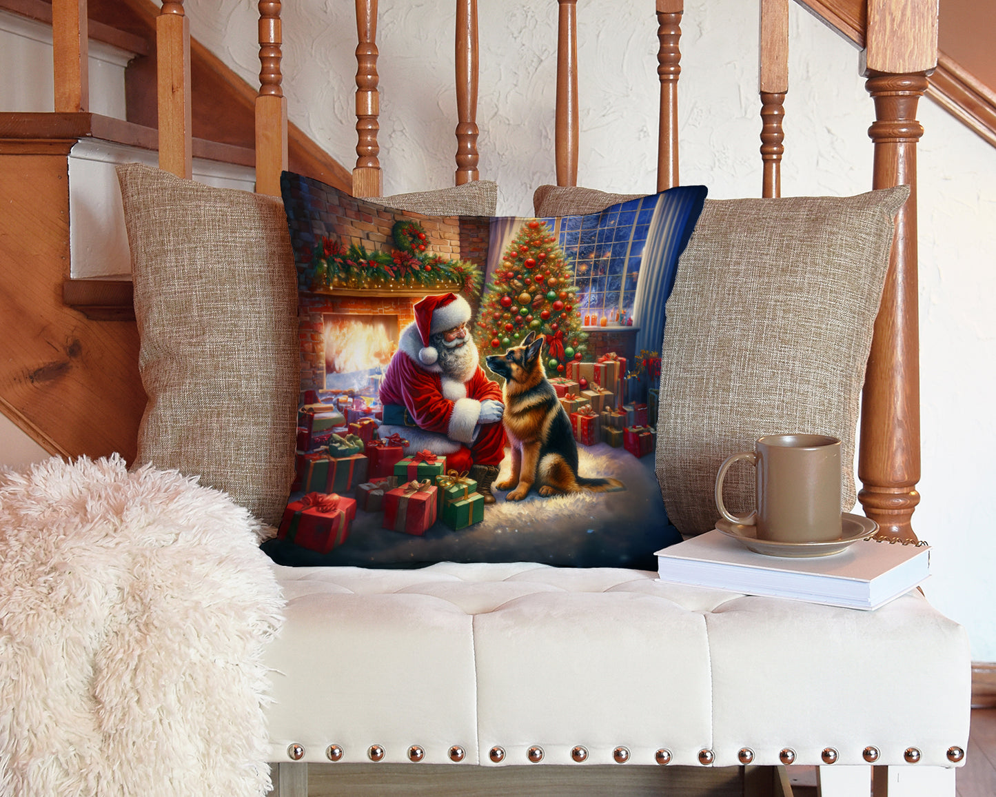 German Shepherd and Santa Claus Throw Pillow