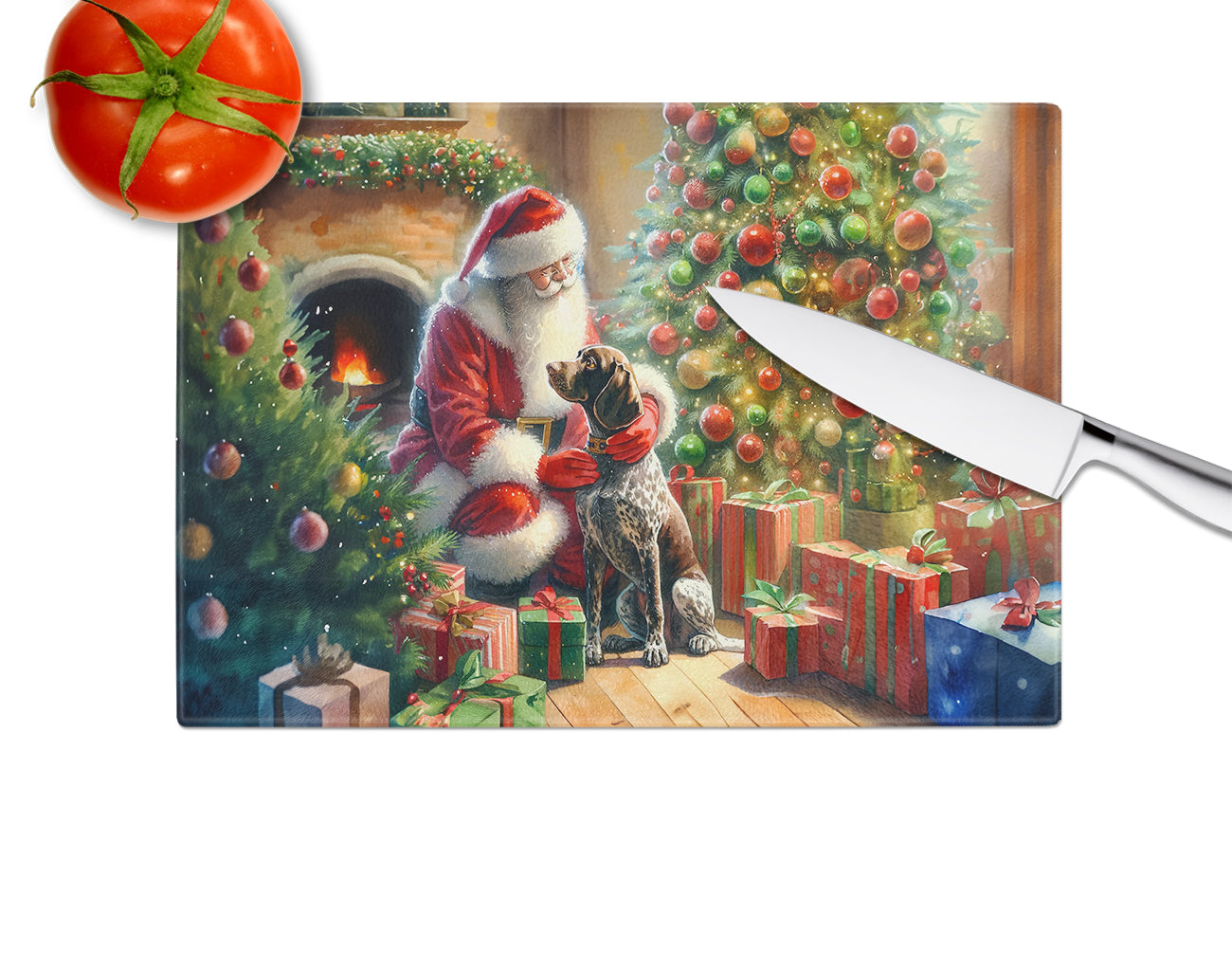 German Shorthaired Pointer and Santa Claus Glass Cutting Board