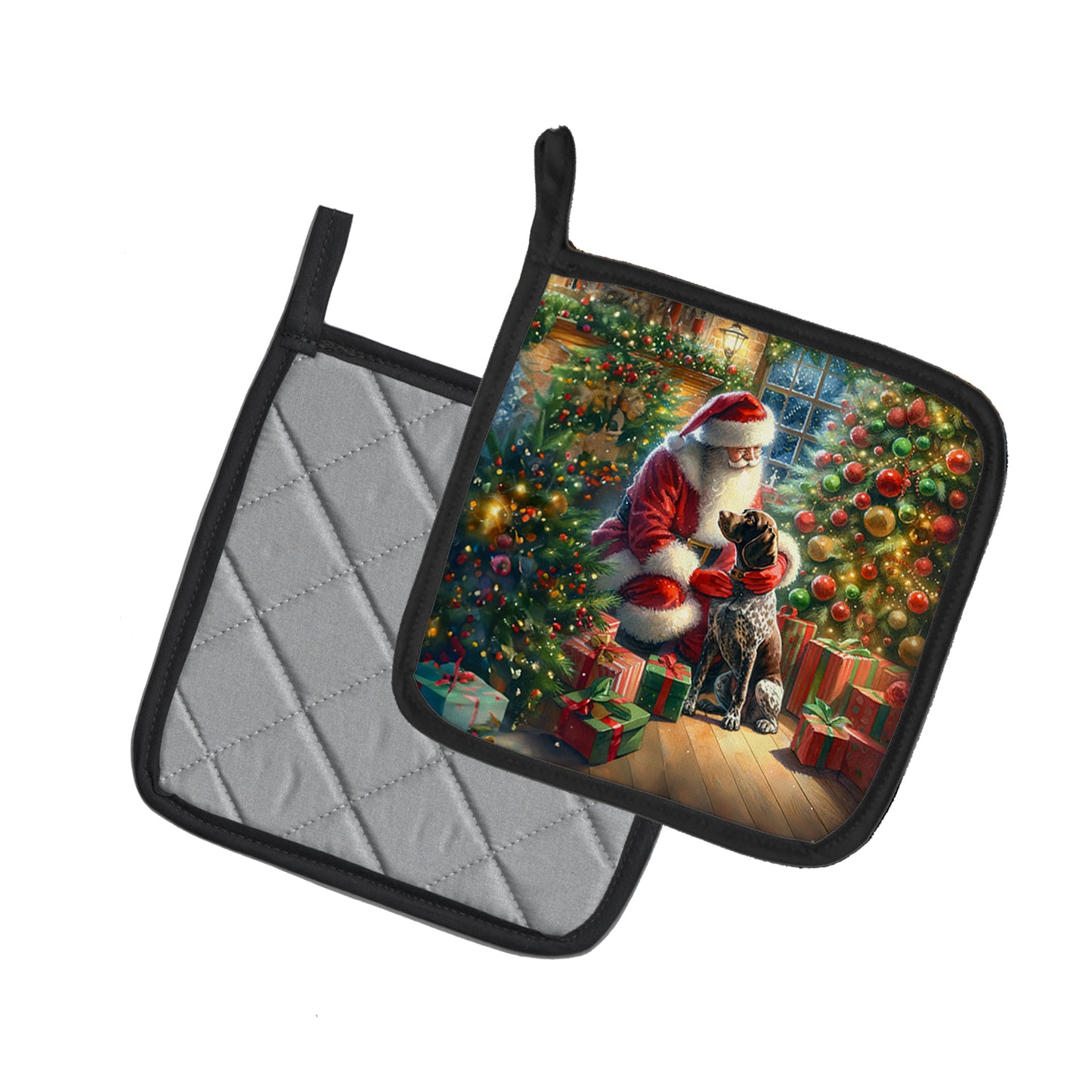 German Shorthaired Pointer and Santa Claus Pair of Pot Holders