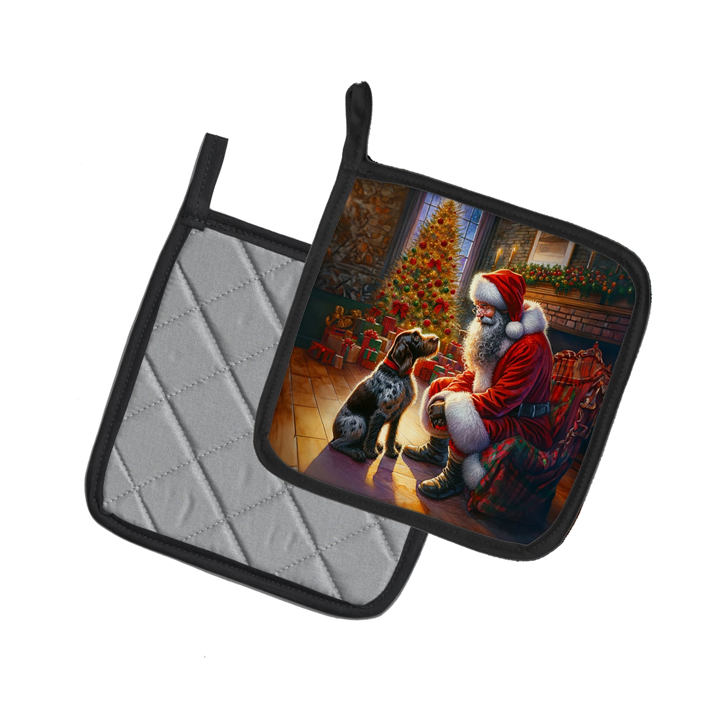 German Wirehaired Pointer and Santa Claus Pair of Pot Holders