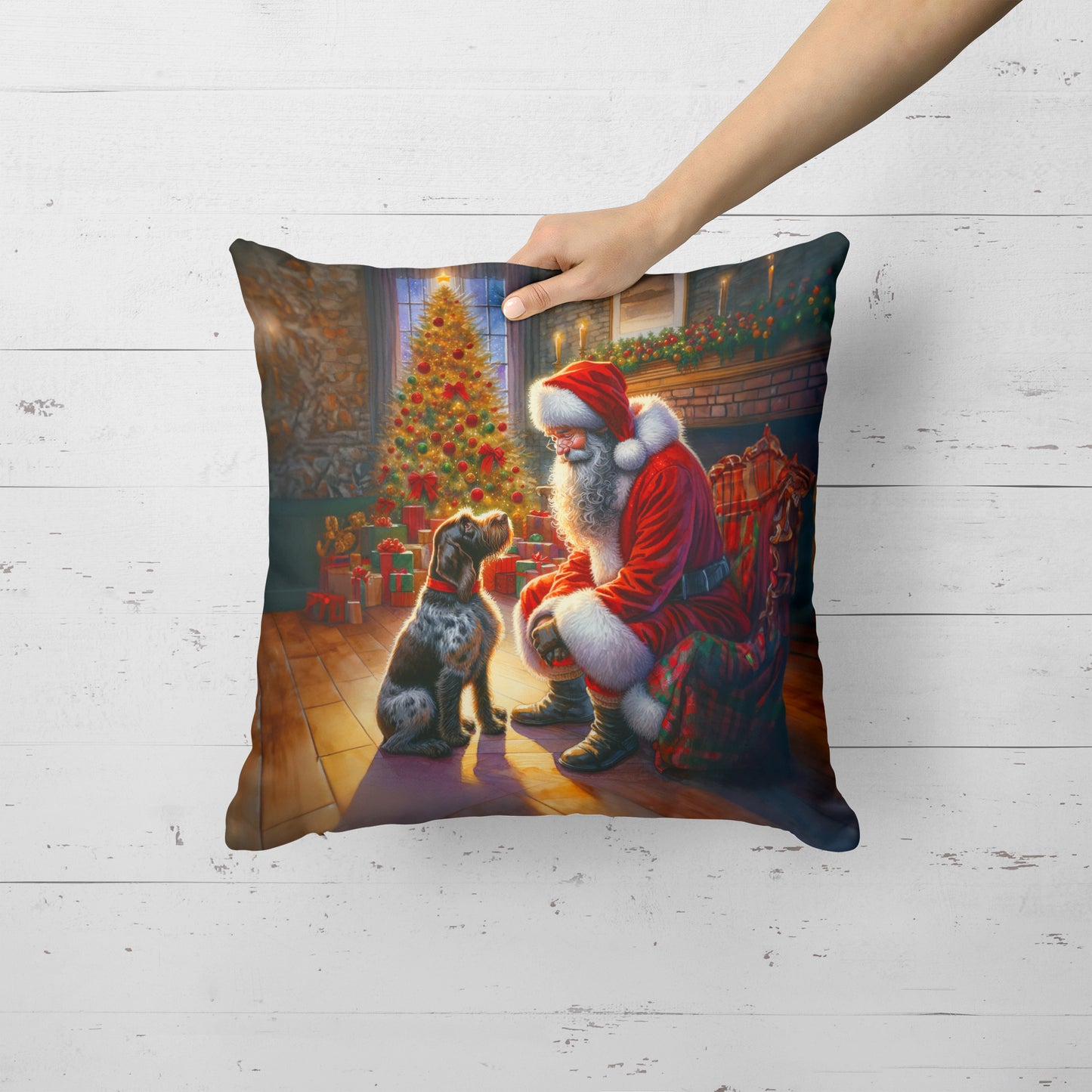 German Wirehaired Pointer and Santa Claus Throw Pillow