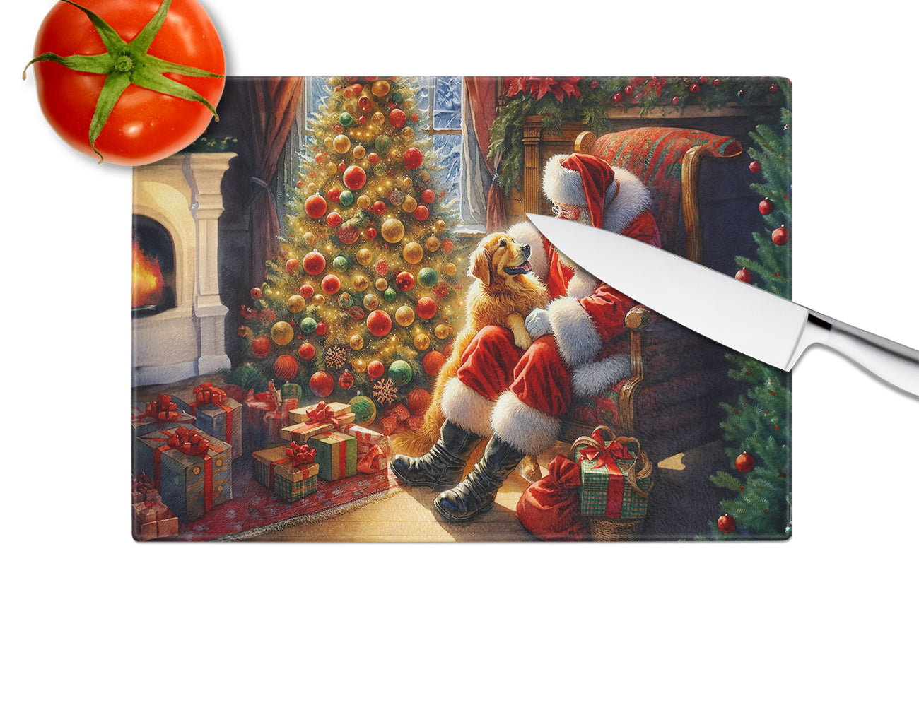 Golden Retriever and Santa Claus Glass Cutting Board