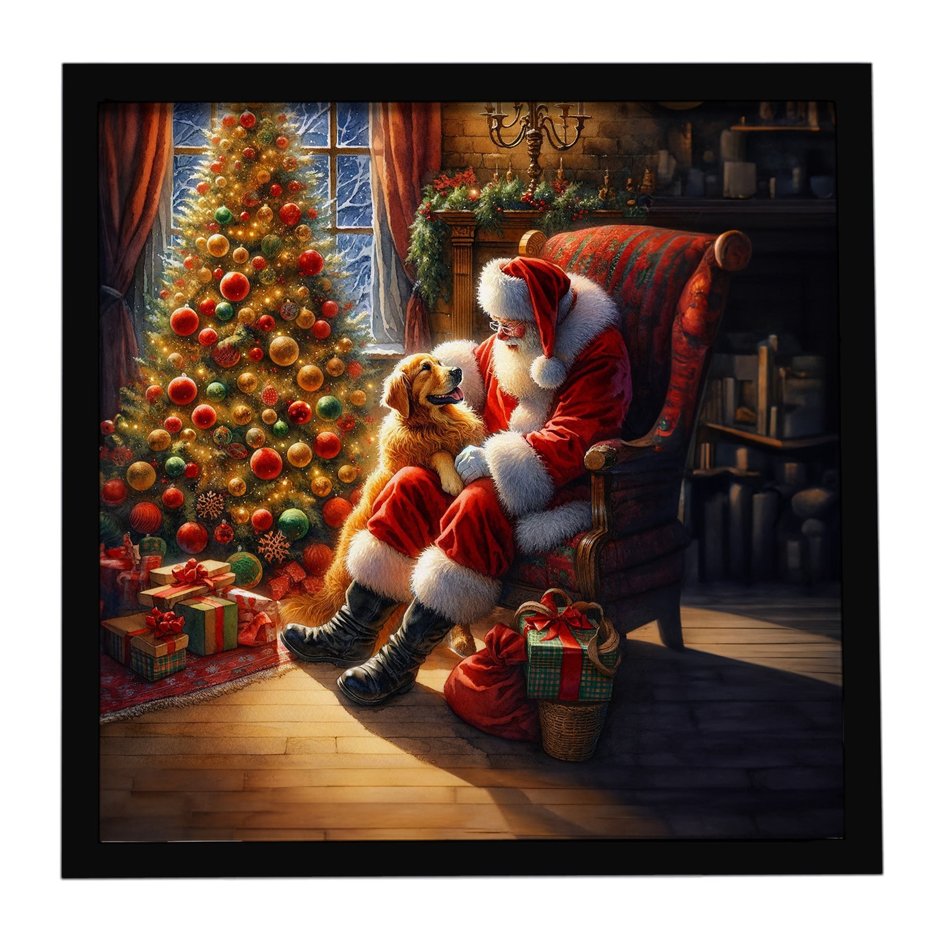 Buy this Golden Retriever and Santa Claus Framed Metal Print
