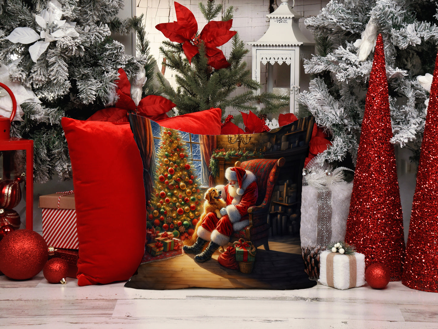 Golden Retriever and Santa Claus Throw Pillow