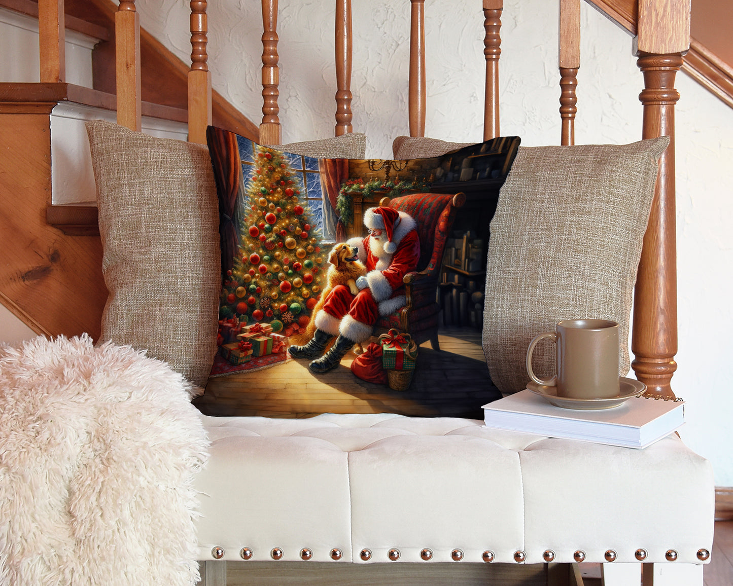 Golden Retriever and Santa Claus Throw Pillow