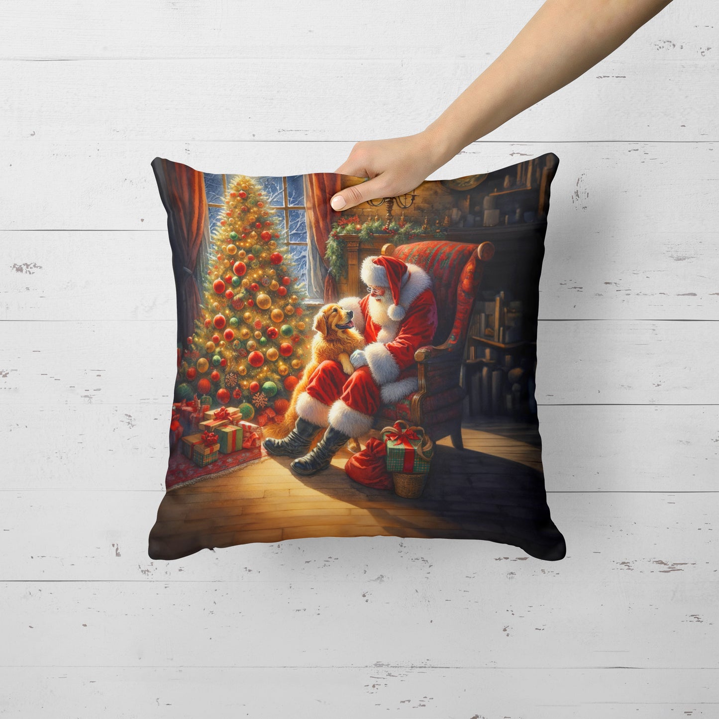 Golden Retriever and Santa Claus Throw Pillow