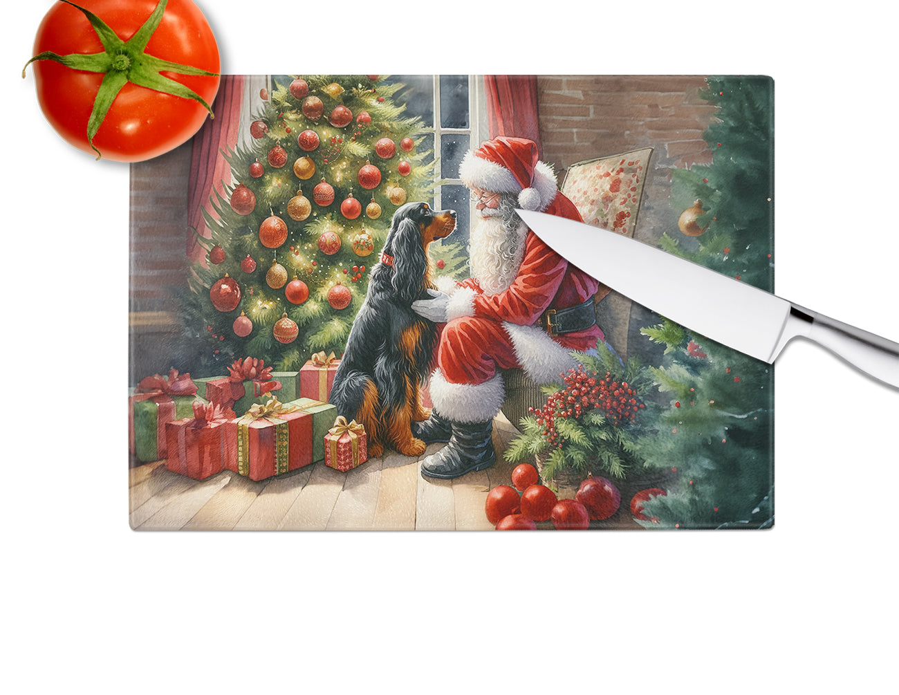 Gordon Setter and Santa Claus Glass Cutting Board