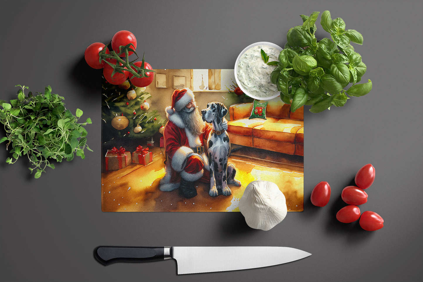 Great Dane and Santa Claus Glass Cutting Board