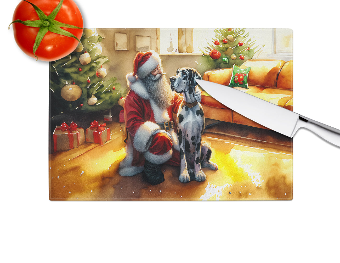 Great Dane and Santa Claus Glass Cutting Board