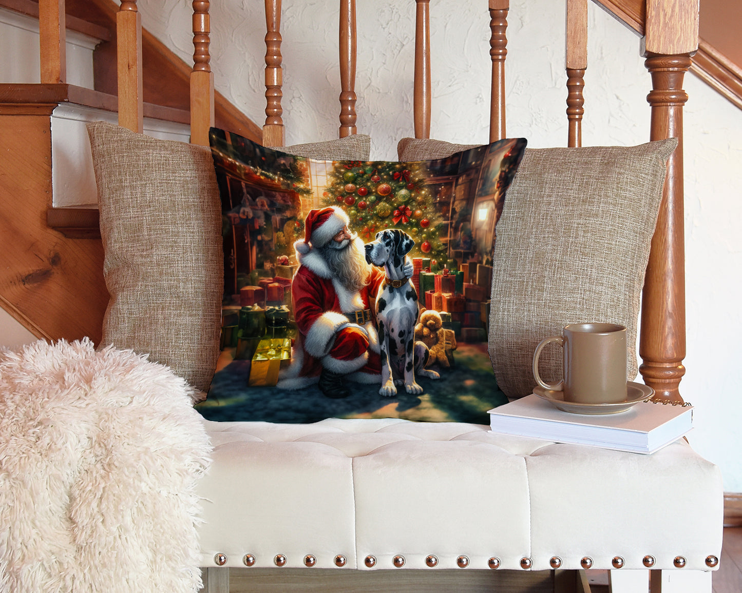 Great Dane and Santa Claus Throw Pillow