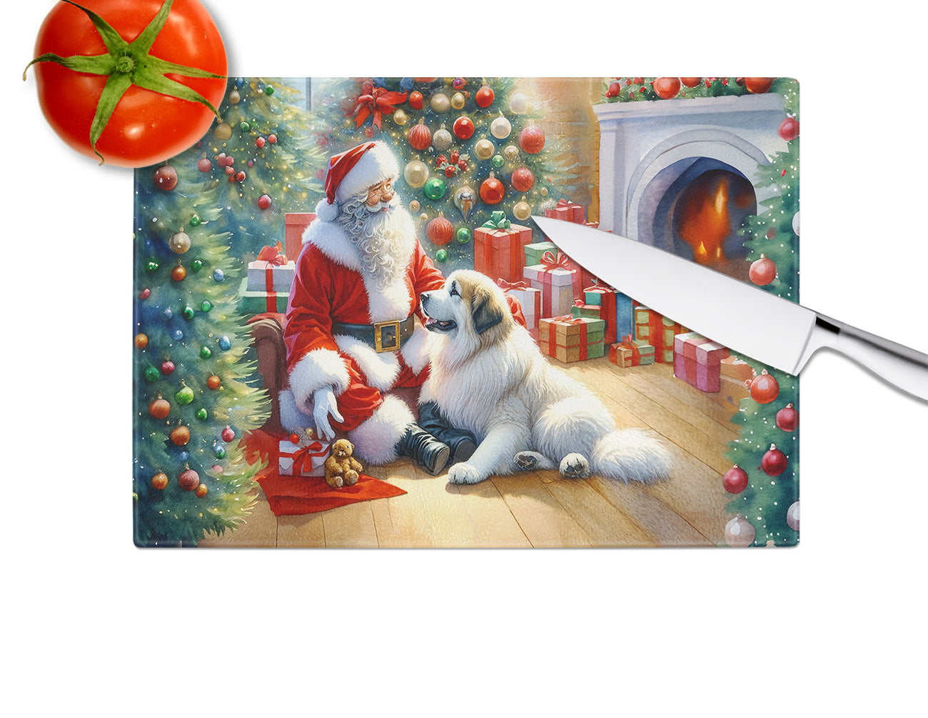 Great Pyrenees and Santa Claus Glass Cutting Board