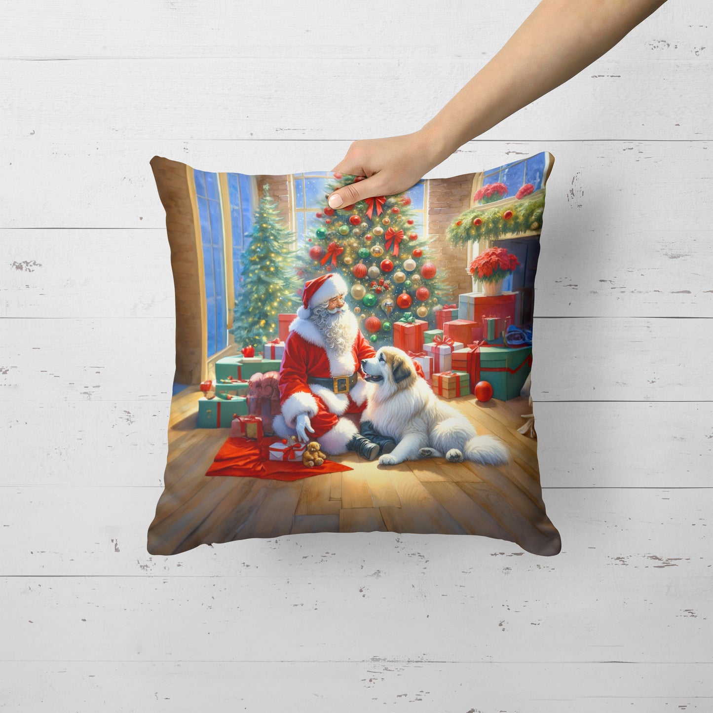 Great Pyrenees and Santa Claus Throw Pillow