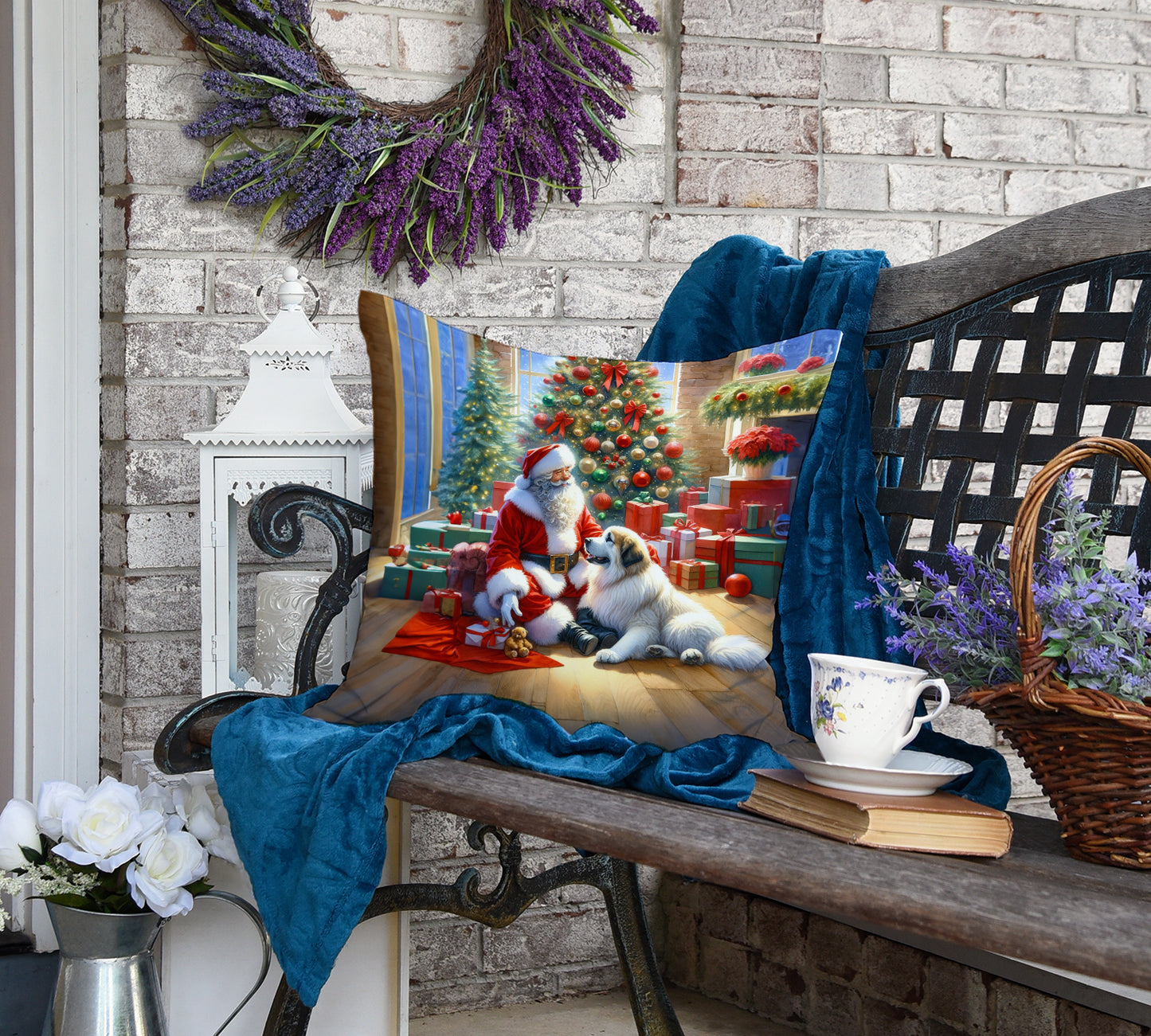 Great Pyrenees and Santa Claus Throw Pillow