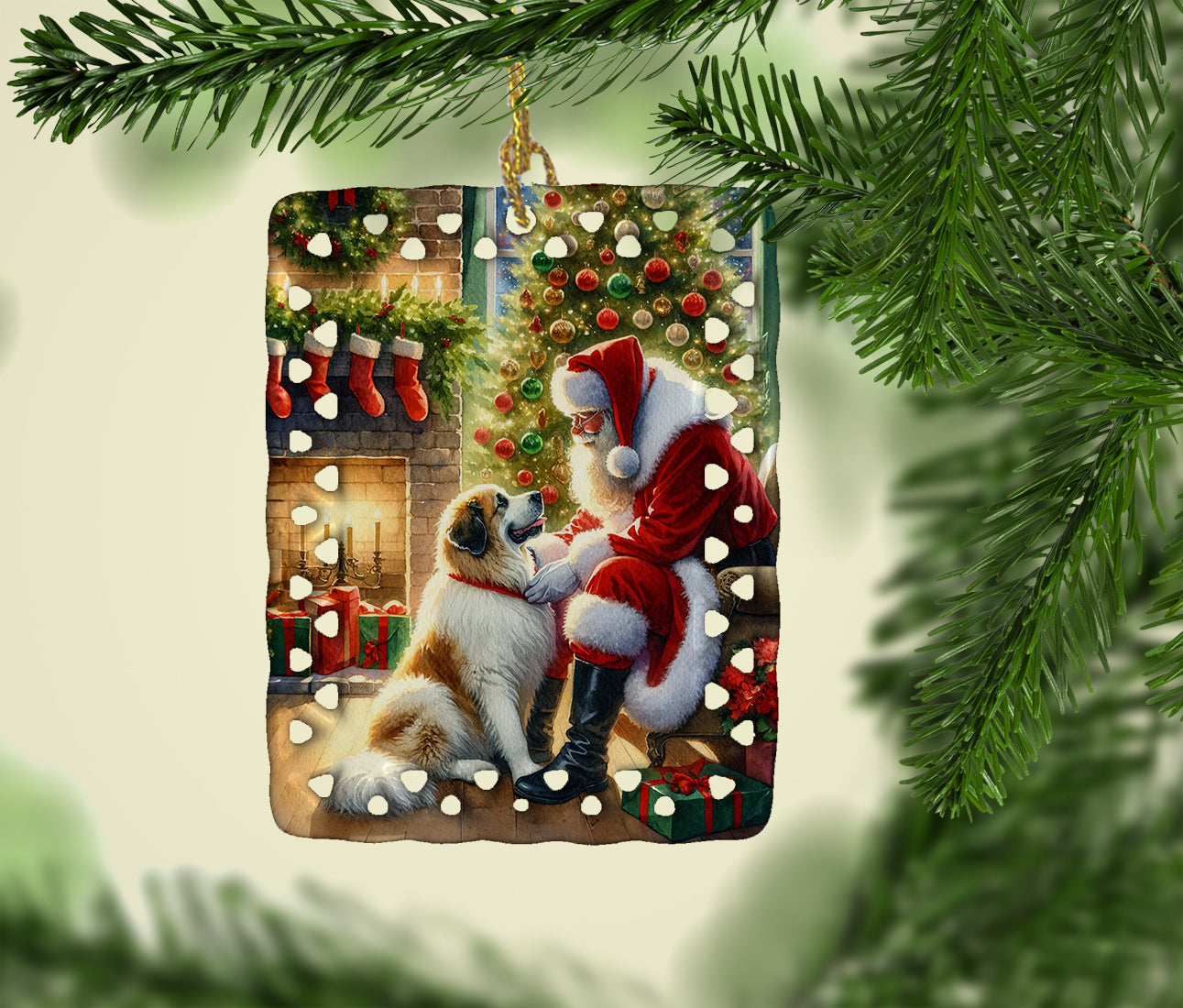 Great Pyrenees and Santa Claus Porcelain Ornament