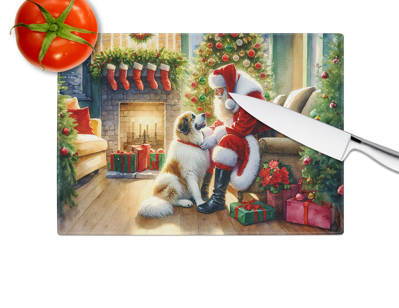 Great Pyrenees and Santa Claus Glass Cutting Board