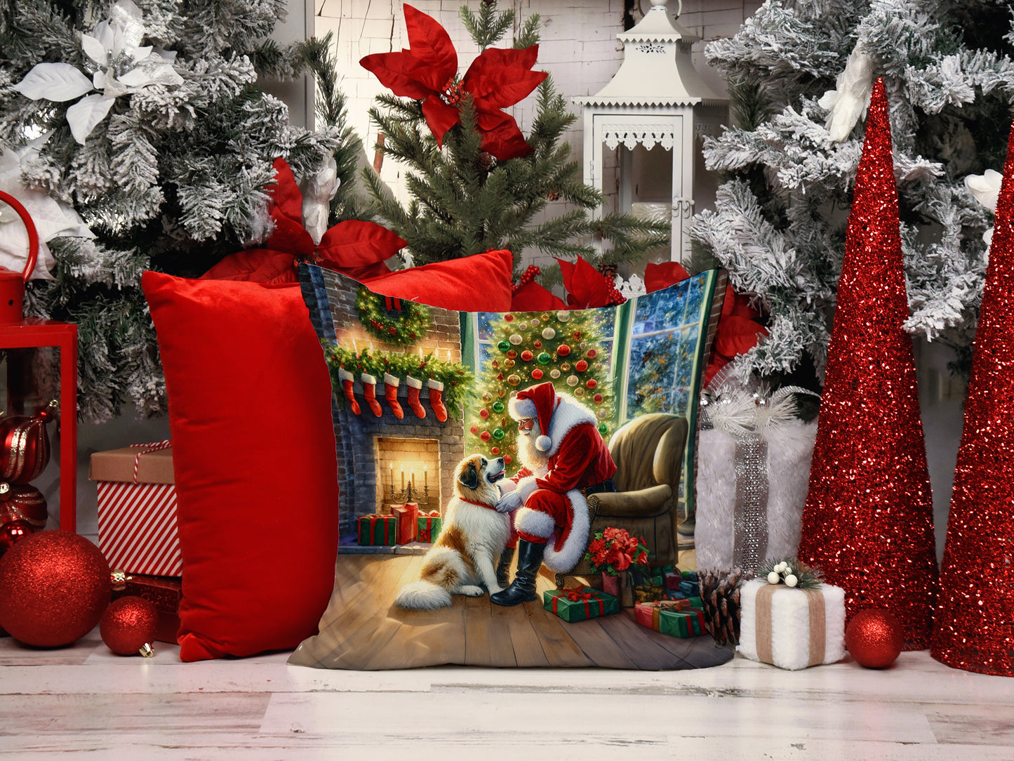 Great Pyrenees and Santa Claus Throw Pillow