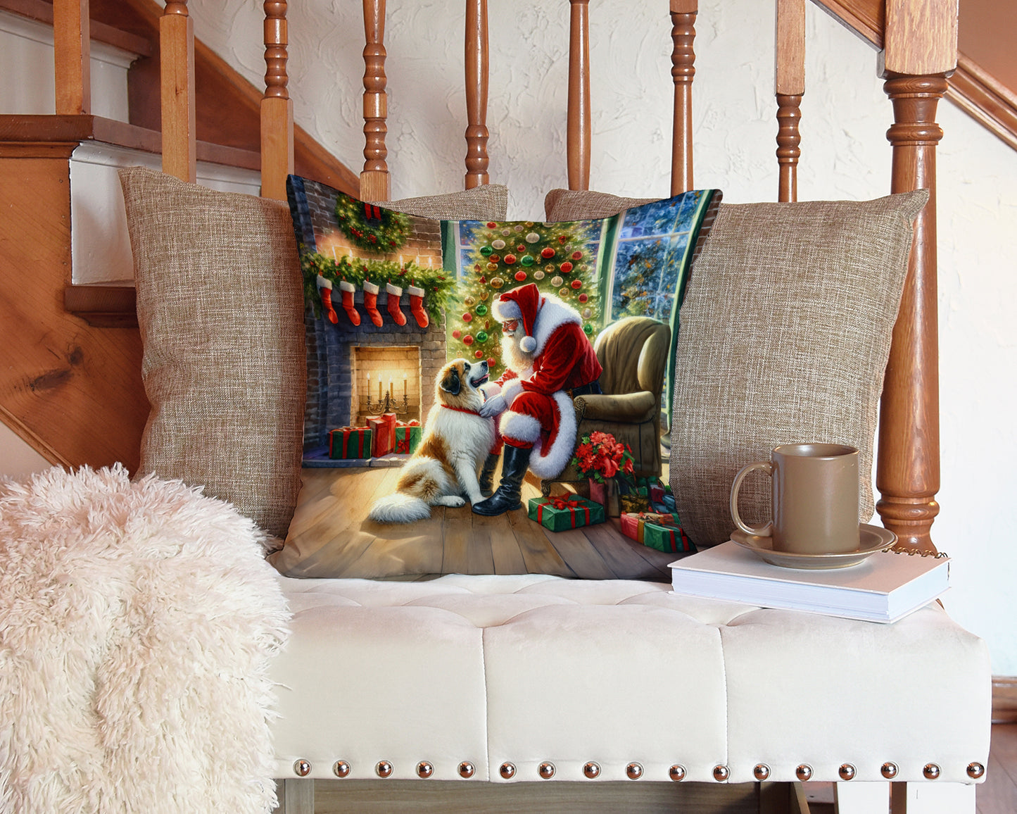 Great Pyrenees and Santa Claus Throw Pillow