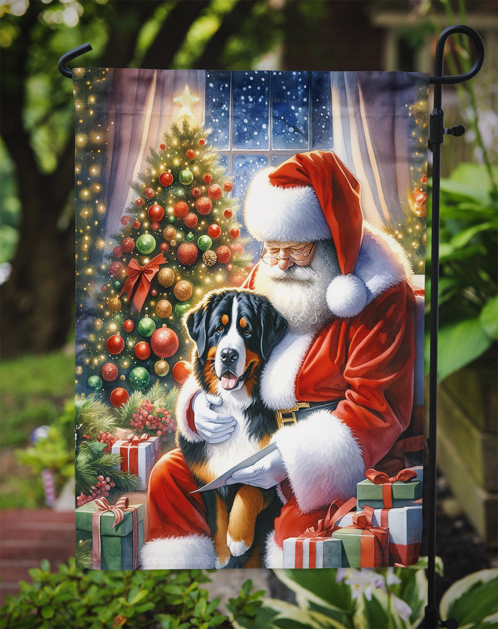 Greater Swiss Mountain Dog and Santa Claus Garden Flag