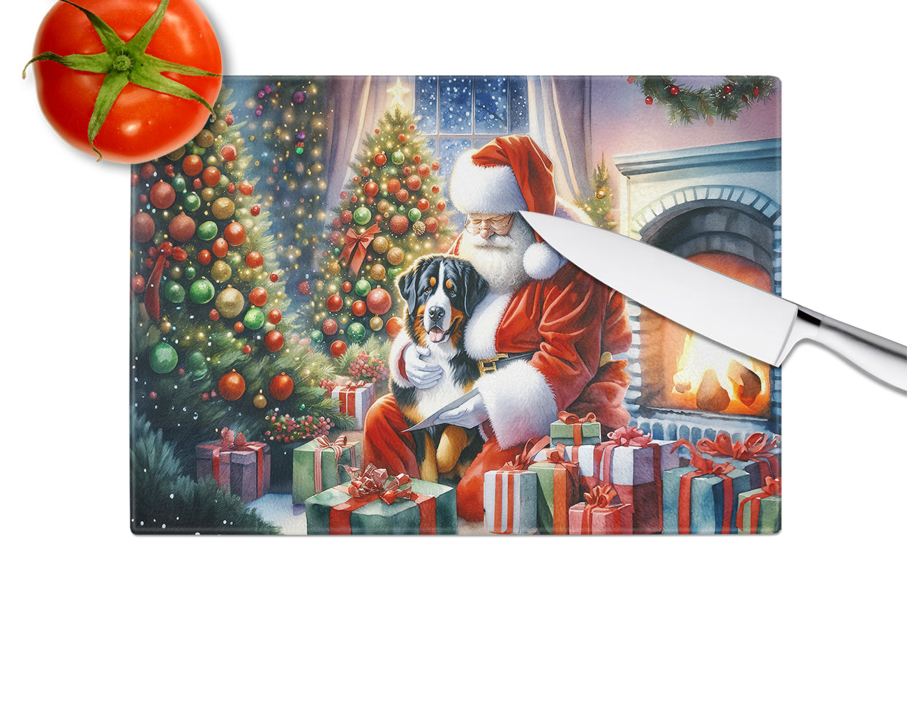 Greater Swiss Mountain Dog and Santa Claus Glass Cutting Board